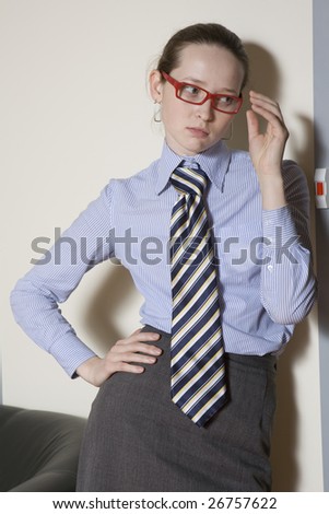 Secretary wearing glasses waiting for boss`s instructions. Office people
