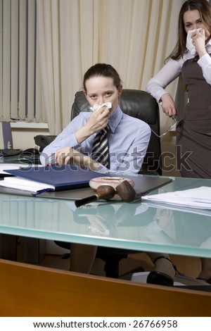 Boss has a bad mood. Secretary and boss are crying. Interior of office. Office people.