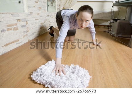 attractive secretary washing the floor in office. Boss fired cleaner. Crunch