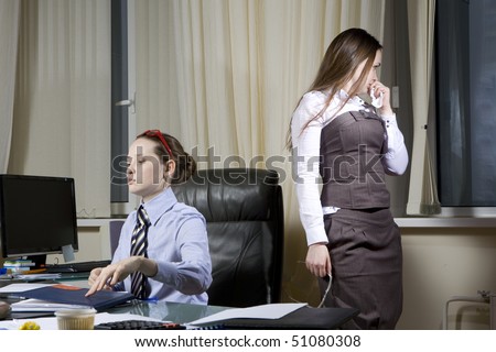 Boss has a bad mood. Secretary is crying. Interior of office. Office people. financial crunch. finance department
