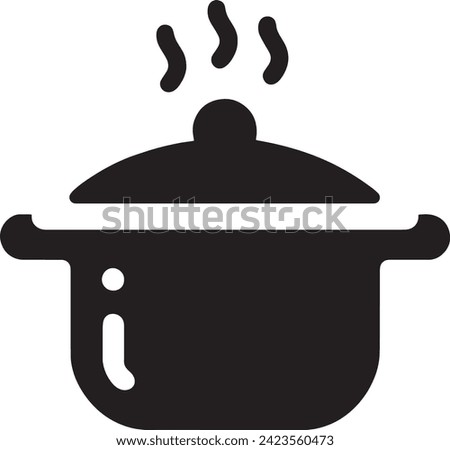 The vector features a clean, black silhouette of a steaming pot, with three wavy lines indicating heat escaping from the lid.