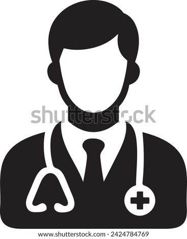  This vector presents a bold icon of a male physician, characterized by a stethoscope around the neck and a medical cross emblem, symbolizing healthcare and medical professionalism. 