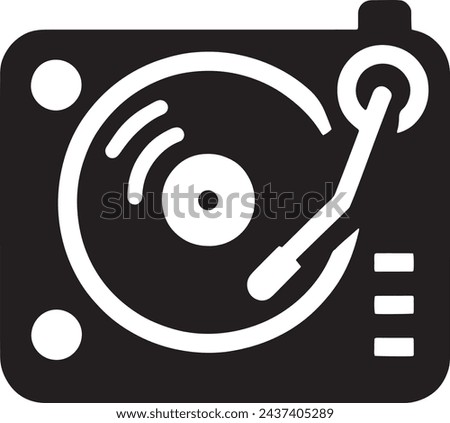  This vector presents a minimalist black and white silhouette of a turntable, capturing the essential features including the platter, tonearm, and controls. 