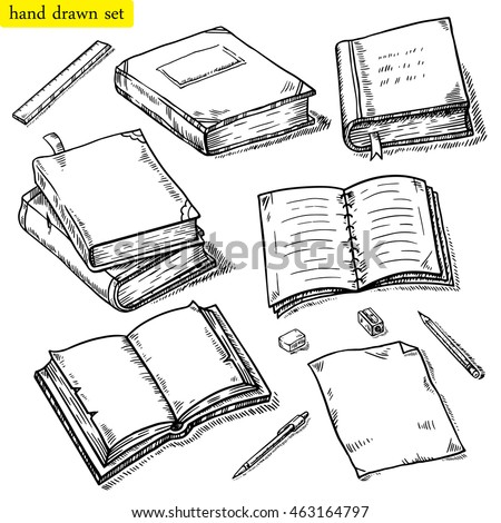 Vector linear illustration of the books set. Hand drawn sketch of the notebook, pen, pencil, eraser etc. Opened, closed books, isolated on white background.