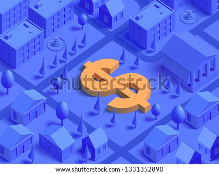 3d realistic isometric US dollar currency sign integrated to lifestyle mono color city illustration for landing page template slider. Finance concept.