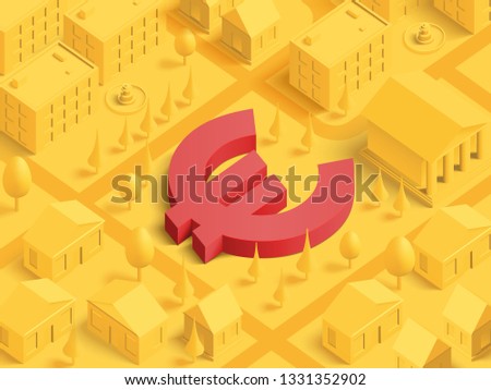 3d realistic isometric Euro currency sign integrated to lifestyle mono color city illustration for landing page template slider. Finance concept.