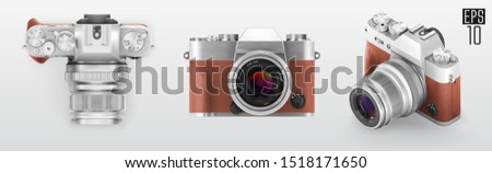 Ultra realistic 3d isometric camera set. With brown leather part. Retro style photo camera. Top front and 3d view vector illustration