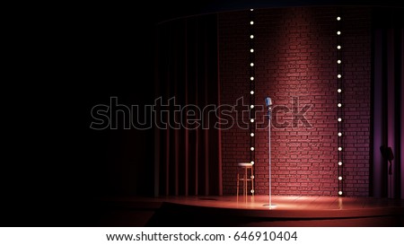 Dark empty comedy club stage  and vintage microphone. 3d render Stockfoto © 