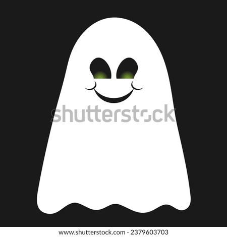 Cute smiling ghost with green glowing eyes. White ghost isolated on a black background. Cartoon flat simple illustration. Kind ghost. Halloween character.