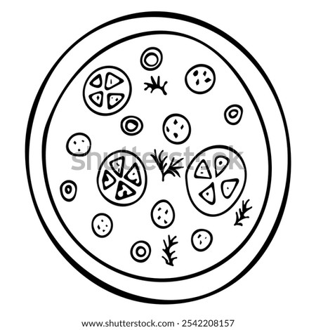 One round pizza with vegetables and sausage. Delicious holiday treat. Party food. Pizza in outline doodle style without filling. Hand draw black line vector illustration isolated on white back.