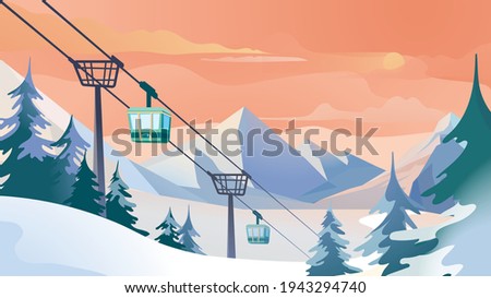 Cableway in the mountains landing page in flat cartoon style. Funicular with cabins, ropeway, cable car at ski or snowboard resort. Winter scenery with forest. Vector illustration of web background