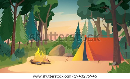 Camping on meadow, landing page in flat cartoon style. Tent at forest place, campfire and trees. Outdoor activities, hiking, travelling, summer camp concept. Vector illustration of web background