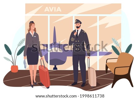 Airport web concept. Aircraft crew is preparing for flight. Stewardess and pilot standing with their suitcases in waiting room. People scenes template. Vector illustration of characters in flat design