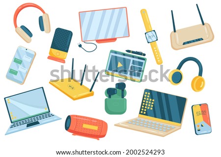 Electronics cute elements isolated set. Collection of headphones, monitor, watch, wifi router, smartphone, tablet with stylus, laptop, portable music column. Vector illustration in flat cartoon design