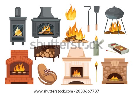 Fireplaces and hearths design elements set. Collection of various fireplaces, fire, burning wood, poker, shovel, rocking chair and more. Vector illustration isolated objects in flat cartoon style