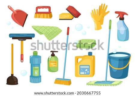 Cleaning and detergents design elements set. Collection of scoop, brush, sponge, gloves, spray, soap, mop, bucket, plunger, hygiene tools. Vector illustration isolated objects in flat cartoon style