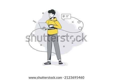 People sit in gadgets flat line concept. Man uses laptop and responds to email or message. Internet addiction on online communication. Vector illustration with outline scene for web banner design