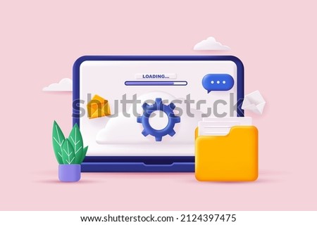 Cloud computing concept 3D illustration. Icon composition with loading digital files site interface and folder. Backups in cloud storage and computing data. Vector illustration for modern web design