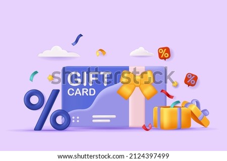 Shopping gift certificate concept 3D illustration. Icon composition with card with bow, gift box and discounts on purchases. Loyalty program and bonuses. Vector illustration for modern web design