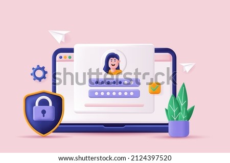 Login and password concept 3D illustration. Icon composition with site interface with secure login form for personal online account or social media profile. Vector illustration for modern web design
