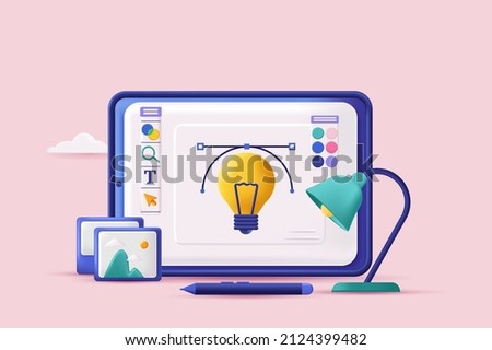 Web design concept 3D illustration. Icon composition with program interface for drawing graphic elements for site layout. Professional software for designer. Vector illustration for modern web design