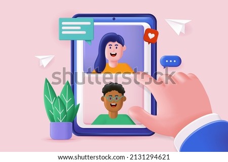 Video chatting concept 3D illustration. Video calls with friends, online communication and meeting with people on mobile application interface. Vector illustration for modern web banner design