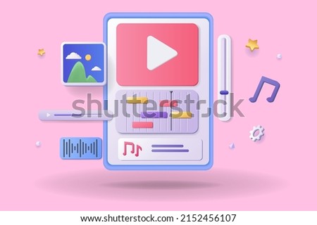 Music video edits concept 3D illustration. Icon composition with display with buttons for cutting video clip, working with audio track, processing content. Vector illustration for modern web design