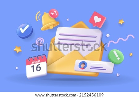 Email service concept 3D illustration. Icon composition with open envelope with letter, reminder, checkmark, calendar date, contact and online communication. Vector illustration for modern web design