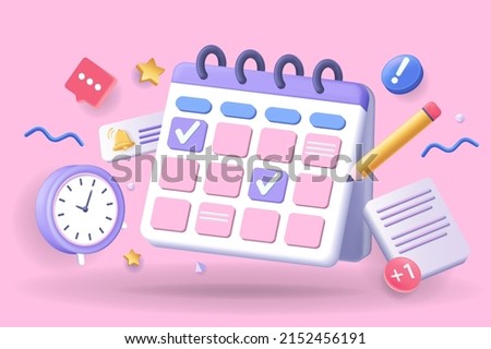 Calendar concept 3D illustration. Icon composition with calendar with scheduled dates and appointments, clock, to-do list with tasks, reminders and messages. Vector illustration for modern web design