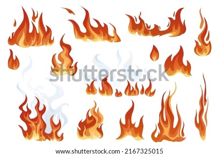 Hot flaming fires in cartoon style set isolated elements. Bundle of red and orange flame effects of different shapes. Burning, fiery and blazing fireball explosions. Vector illustration in flat design