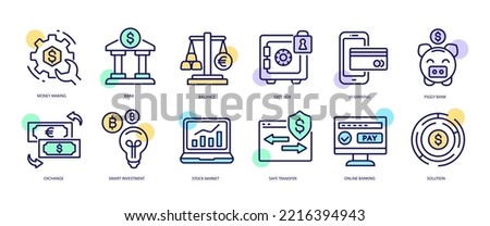 Set of linear icons with Banking and Finance concept in purple, yellow on blue colors. Icons depicting components of banking system. Vector illustration.