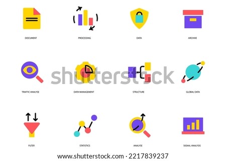 Data Analysis set of flat icons concept in the flat cartoon design. Icons represent different types of data and their presentation. Vector illustration.
