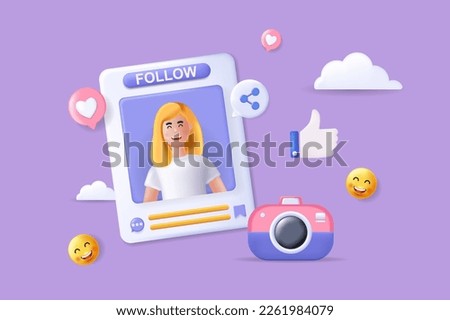 Social media concept 3D illustration. Icon composition with happy woman posting photo, content post in blog, emoji and likes, sharing links and follow. Vector illustration for modern web design