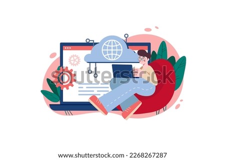 Cloud service red concept with people scene in the flat cartoon design. Guy uploads the data to cloud storage to work with later. Vector illustration.