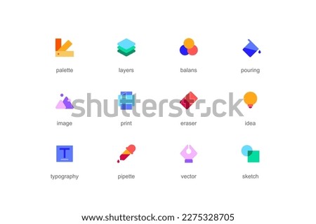 Designer concept of web icons set in color flat design. Pack of palette, layer, balance, pouring, image, print, eraser, idea, typography, pipette, sketch and other. Vector pictograms for mobile app