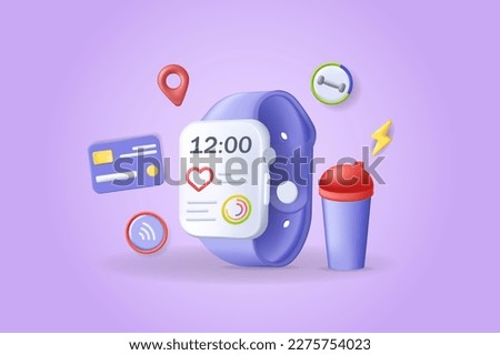 Fitness tracking concept 3D illustration. Icon composition with smart watch with heartbeat and sport data, water balance, gym exercise, credit card, location. Vector illustration for modern web design