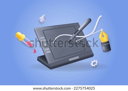 Digital art concept 3D illustration. Icon composition with graphic tablet with pen, pipette and paintbrush designer tools, digital painting and drawing. Vector illustration for modern web design