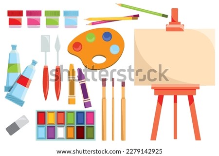 Artist tools set concept in the flat cartoon style. Different types of paints, brushes and easels that artists use to create masterpieces. Vector illustration.