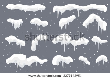 Snow set concept in the flat cartoon style on the grey background. Vector illustration. Piles of snow icicles that can usually be seen on house. Vector illustration.