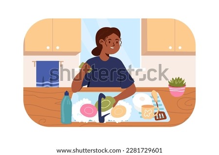 Wash dishes kids concept with people scene in the flat cartoon style. Little girl help mom in the household and washes dishes. Vector illustration.