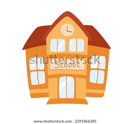 Concept School supplies education building. The illustration is a flat vector cartoon design of a school building, with windows, doors, and a clock tower. Vector illustration.