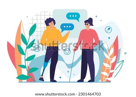 Medicine concept Disabled people with people scene in the flat cartoon style. Two people with disabilities met to talk. Vector illustration.