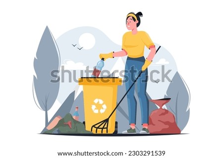 Save ecology yellow concept with people scene in the flat cartoon style. A girl cleans up garbage in the yard to save the environment. Vector illustration.