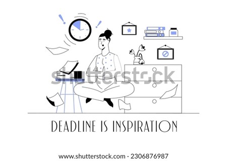 Deadline concept wit people scene in the flat cartoon design. The employee does not have time to complete the tasks before the deadlines, but he tries to remain calm. Vector illustration.