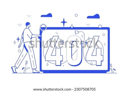Concept 404 not found with people scene in the flat cartoon design. A programmer is trying to fix an error that occurred in his computer during work. Vector illustration.