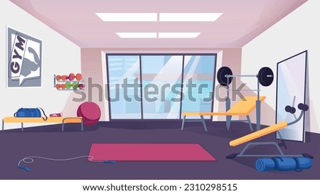 Concept Gym. A flat, cartoon-style design featuring a gym with various exercise equipment and weights. Vector illustration.