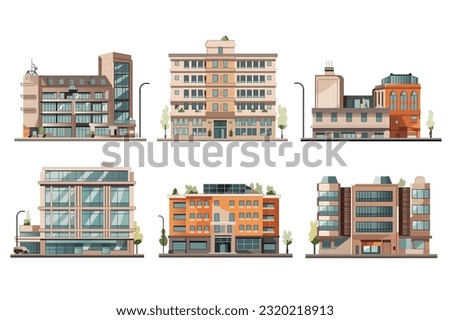 Set of artishellen buildings. Whimsical cartoon illustration featuring a set of charming flat-design buildings in a creatively designed and lively environment. Vector illustration.