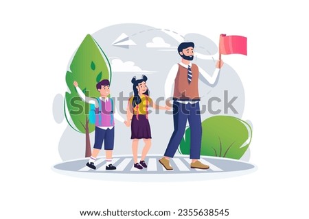 Crossing the road with a teacher concept with scene in the flat cartoon style. The teacher crosses the road with a students, and therefore holds a red flag in his hands. Vector illustration.