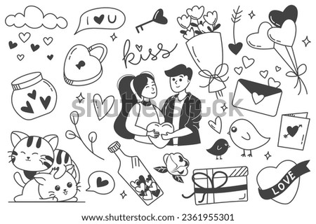 Love set in flat line design. This set of black design illustrations is filled with love-themed attributes, ideal for expressing affection in line projects. Vector illustration.