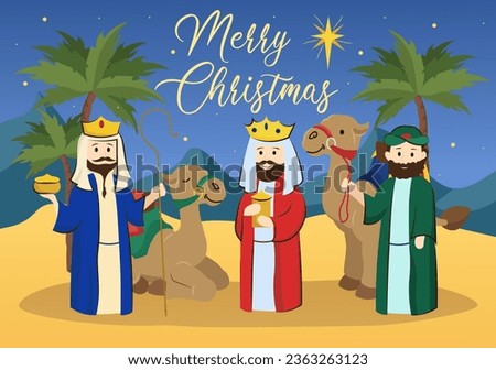 Background concept three tsars with people scene in the flat cartoon design. The illustration depicts a religious plot, the main characters of which are mans with their camels. Vector illustration.